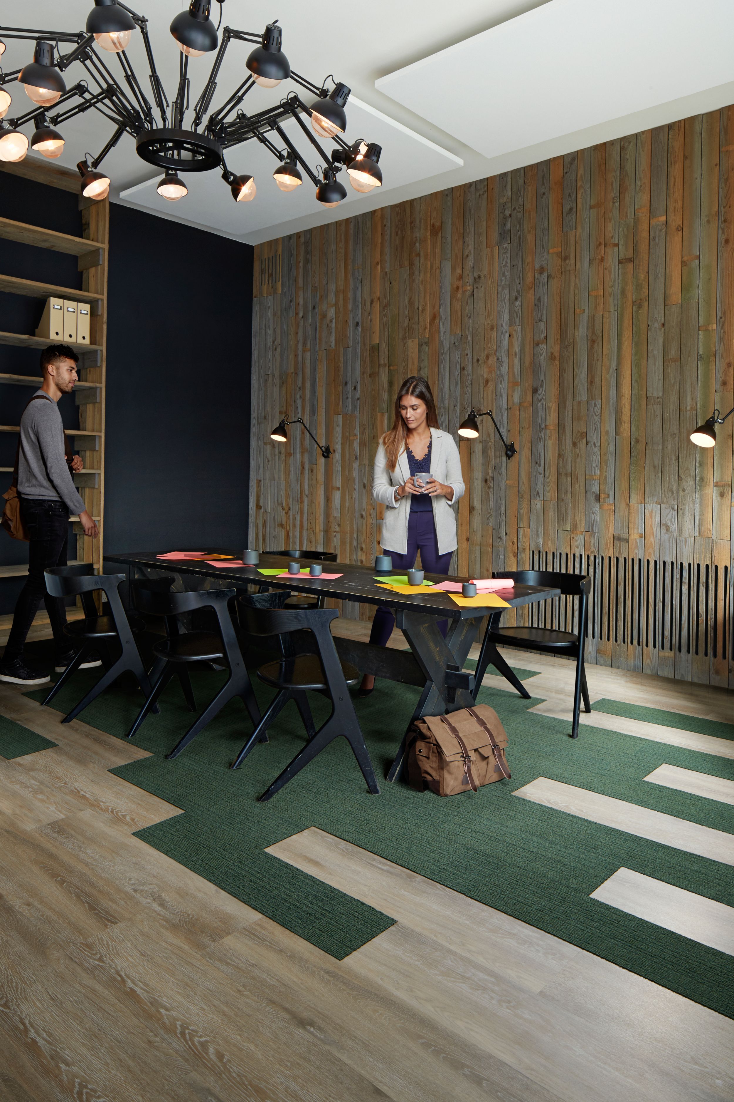 Interface Textured Woodgrains LVT and On Line carpet tile in a conference setting with table and chairs  image number 9